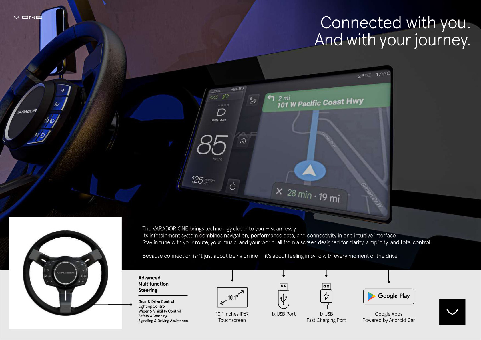 VARADOR ONE cockpit, steering wheel and infotainment display